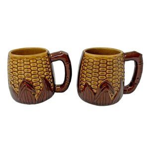 Vintage Majolica Corn Mug Set Signed Occupied Japan Brown Yellow Pottery Ceramic
